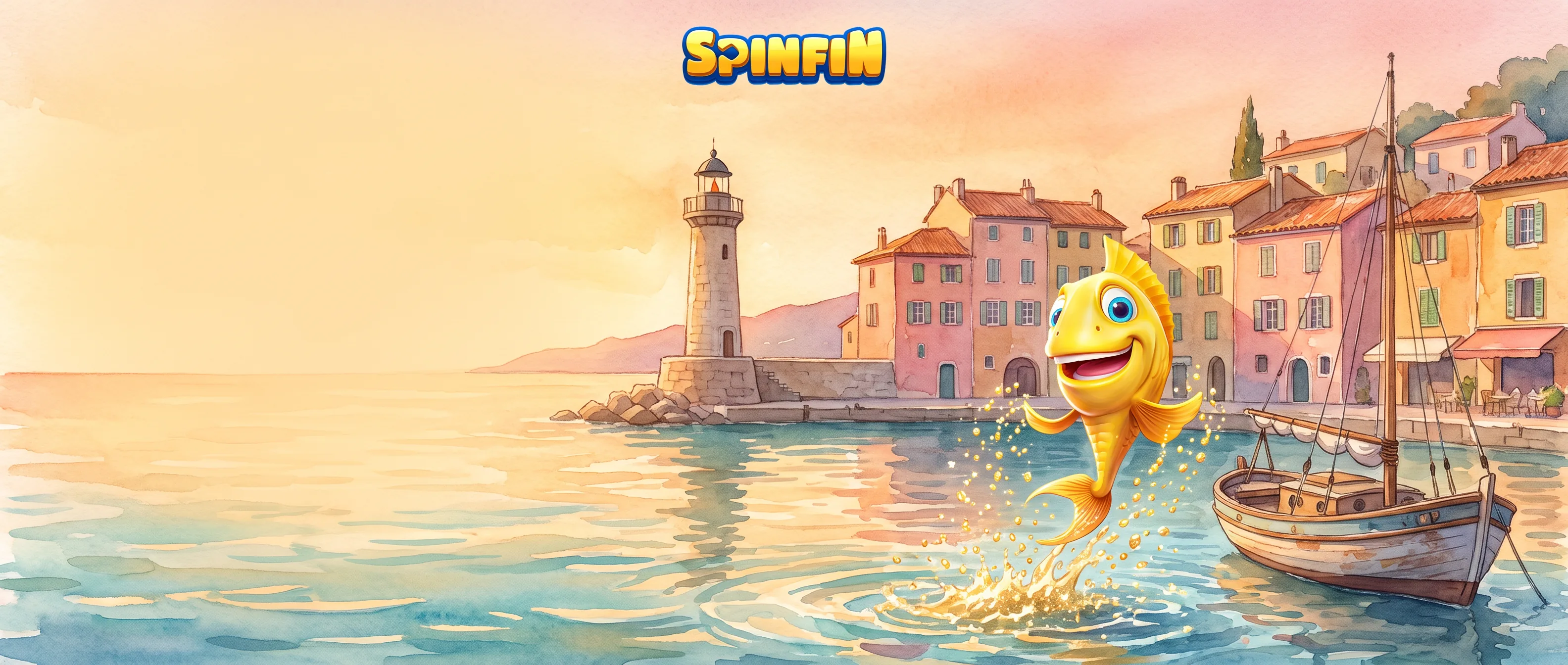 Spinfin sur la Riviera : un port aquarellé, un phare et un poisson doré.